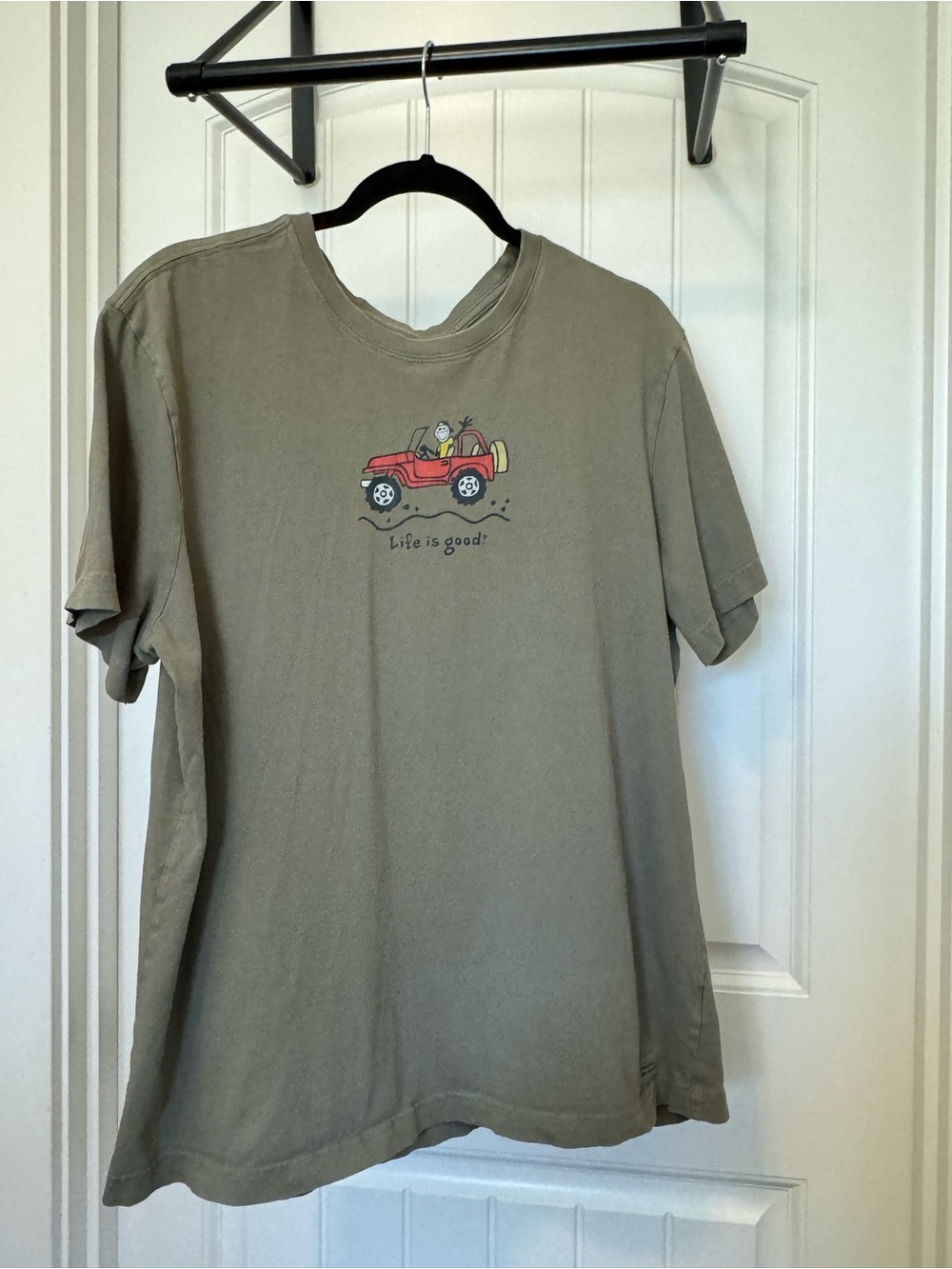 Life Is Good Men's Olive Green Tee with Red Jeep Graphic